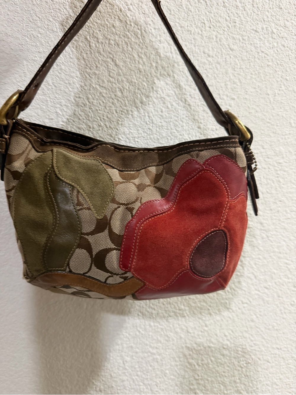 Coach Brown Signature Mini Shoulder Bag with Red Floral Appliqué